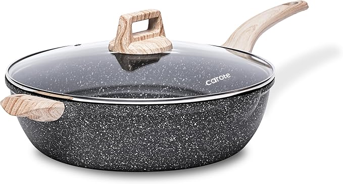 CAROTE 12.5 Inch Nonstick Deep Frying Pan with Lid, 6.5 Qt Jumbo Cooker Saute Pan with Pour Spout, Skillet Induction Cookware, Non Stick Cooking Pan PFOA Free, Classic Granite