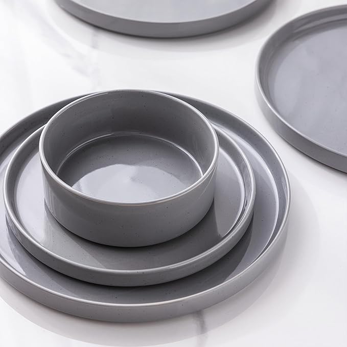 GBHOME Dinnerware Set for 4, 12 Piece Speckled Plates and Bowls Set with Glazed Bottom, Chip & Scratch Resistant Stoneware Plates Sets, Dishwasher & Microwave Safe Dishes (Limestone, Service for 4)