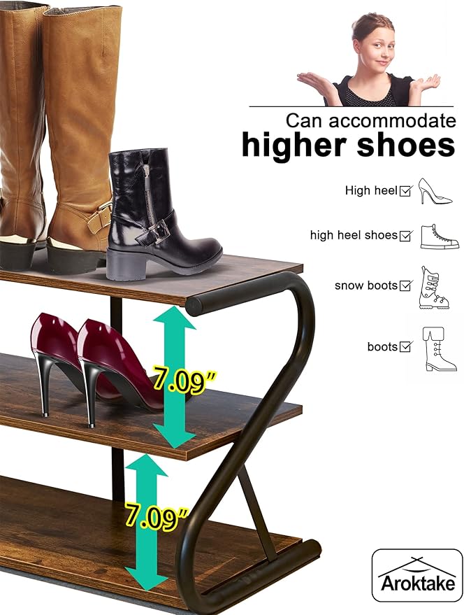 3-Tier Shoe Rack, Z-Frame Wooden Shoe Shelf with Durable Metal Shelves for Hallway, Living Room, Closet, Bedroom (Rustic)