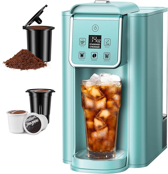 SHARDOR Single Serve Coffee Maker, Hot and Iced Coffee Machine for K Cup Pods & Ground Coffee, 6 to 14 oz Brew Sizes, with 50 oz Removable Water Tank, Bold Brew Setting, Stainless Steel, Blue