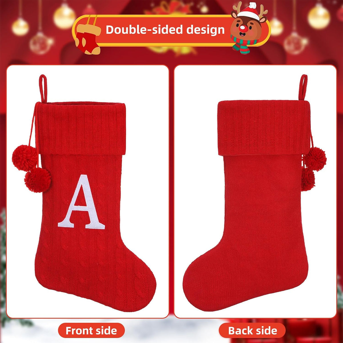 Personalized Christmas Stocking 19 Inch - Red Cable Knit with Monogram Embroidery & Pom Poms, Family Fireplace Hanger for Holiday Decor, Red Letter J