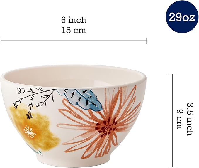 Bico Blossom Symphony Cereal Bowls Set of 4, 29 oz Deep Ceramic Soup Bowls for Cereal, Salad, Noodles, Kitchen, Microwave and Dishwasher Safe, Gift for Housewarming and Thanksgiving