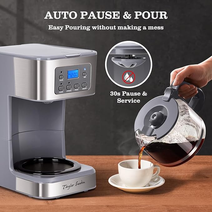 Taylor Swoden 12-Cup Programmable Coffee Maker, Regular & Strong Brew Drip Coffee Machine for Home and Office, Glass Carafe, Pause & Serve, Auto Shut Off, Gray & Stainless Steel