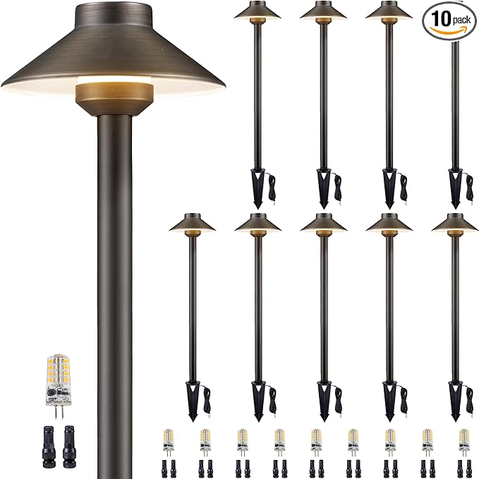 12V Brass Landscape Path Lights - LED Low Voltage Pathway Lamp IP65 Waterproof, Outdoor Walkway Lighting Wired, Hat Bronze for Patio Lawn with 3W 270LM 5000K Daylight G4 Bulb (10 Pack)