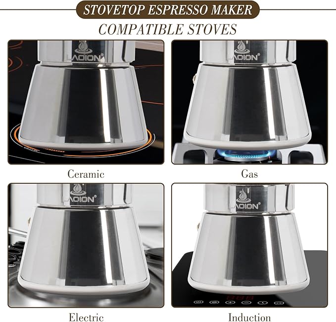 Stovetop Espresso Maker, 6Cup 240ml Moka Pot, Crystal Glass-top & Stainless Steel Coffee Maker Mocha Pot, Greca De Cafe, Cuban and Italian Coffee Maker for Cafetera Cubana