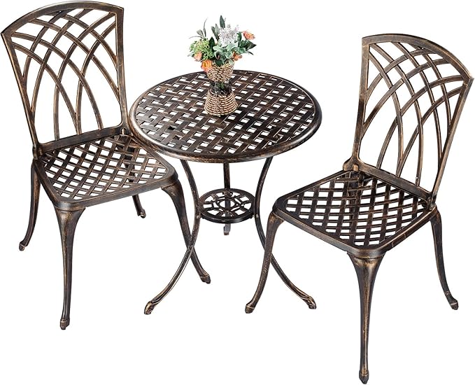 Bistro Set 3 Piece Cast Aluminum Patio Furniture Sets 2 Chairs and 1 Round Table with Umbrella Hole for Outdoor, Patio Balcony, Bronze