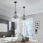 WUZUPS Chandelier Rustic Farmhouse Industrial Round Ceiling Pendant LED Light Fixture with Clear Glass Shades for Dining Room Kitchen Island Foyer Entryway, H 17" x W 13.4", E26 Base, Black