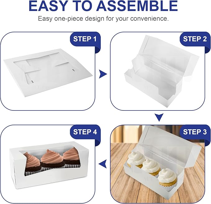 MT Products White Cupcake Boxes 9" x 4" x 3.5" - Bakery Boxes with Window (Pack of 10) - Made in USA