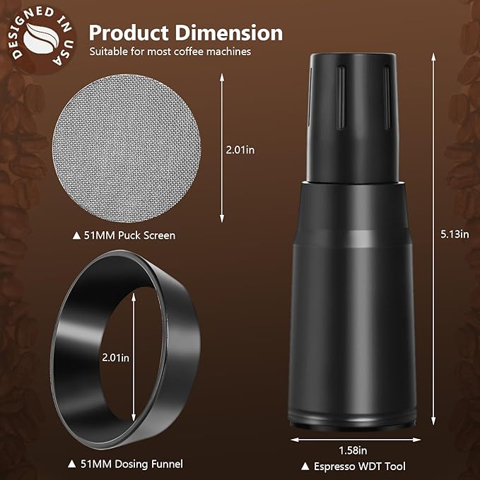 WDT Tool Espresso Distributor Accessory kit &1.7mm Thickness 150μm Mesh Puck Screen & 8 Magnets dosing ring Compatible with Portafilter (WDT +51MM Black dosing ring&puck screen)