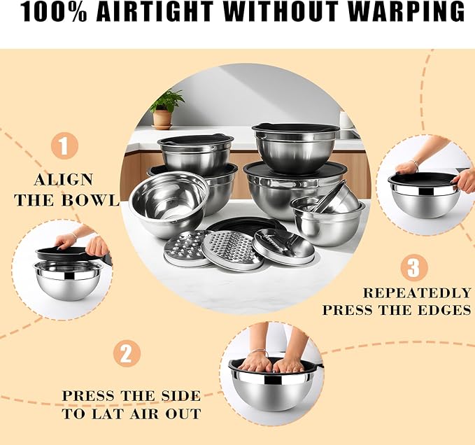 Lazycorner Stainless Steel Mixing Bowls with Airtight Lids Set of 7 Stainless Steel Bowls Set with 3 Grater Attachments Great for Serving & Baking
