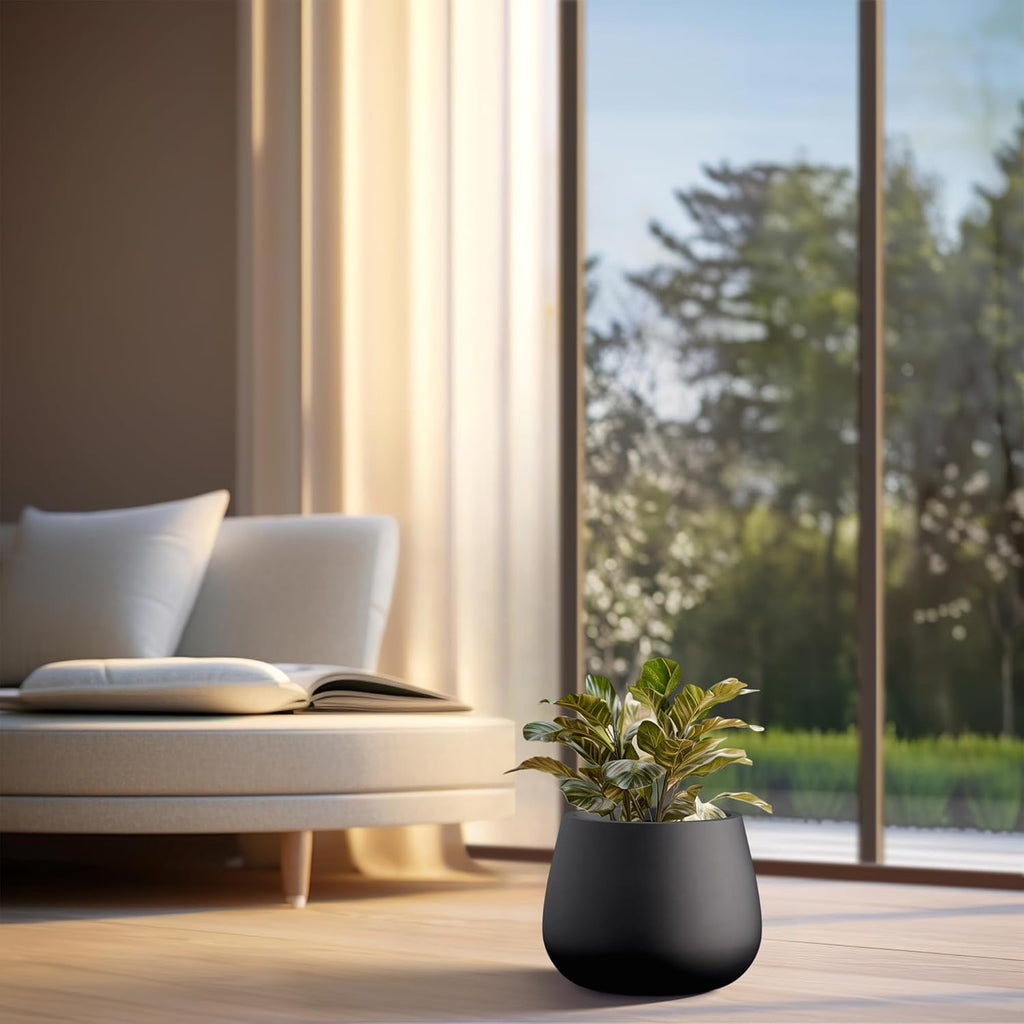 Kante Curva Series Planter, 10.2 Inch Round Concrete Flower Pot with Draiange Hole and Rubber Plug, Suitable for Indoor Plants, Home, Garden, Patio, Black