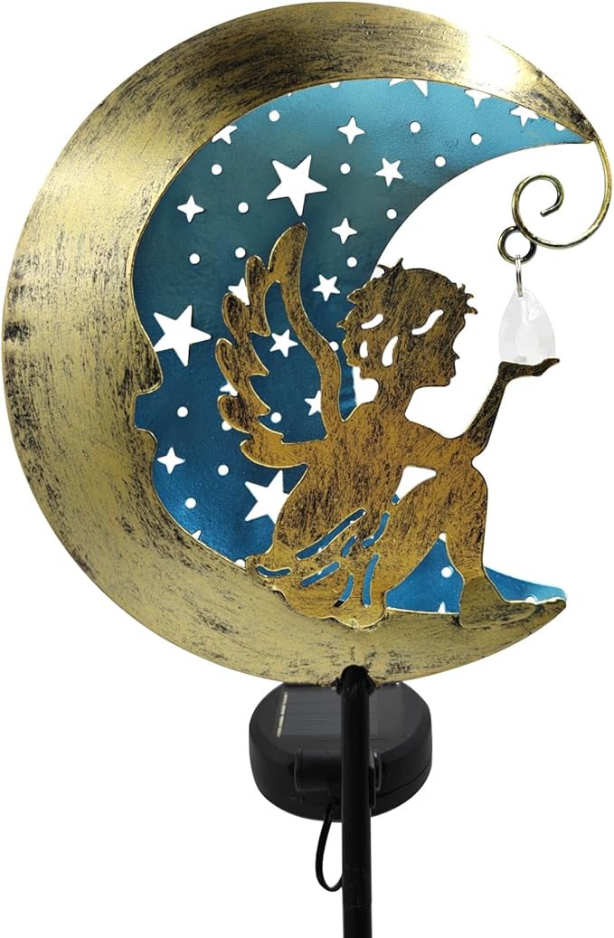 Solar Angel Moon Garden Stake Light – Outdoor Metal Yard Decoration with Crystal Pendant, Waterproof LED Light for Patio, Pathway, Lawn – Rustic Gold & Blue