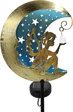 Solar Angel Moon Garden Stake Light – Outdoor Metal Yard Decoration with Crystal Pendant, Waterproof LED Light for Patio, Pathway, Lawn – Rustic Gold & Blue