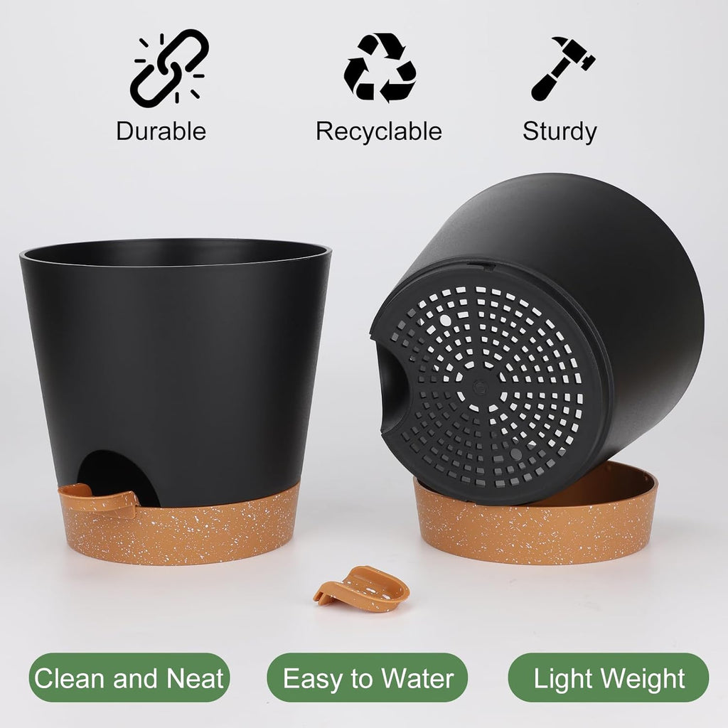 8-Inch Plant Pots, Self-Watering Planters with Drainage Holes & Saucers for Indoor and Outdoor Plants (2-Pack,Black)