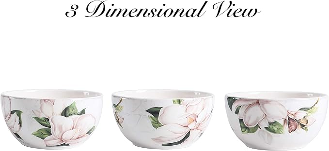 Bico Magnolia Floral Cereal Bowls Set of 4, 26 oz Deep Ceramic Soup Bowls for Cereal, Salad, Noodles, Kitchen, Microwave and Dishwasher Safe, Gift for Housewarming and Thanksgiving