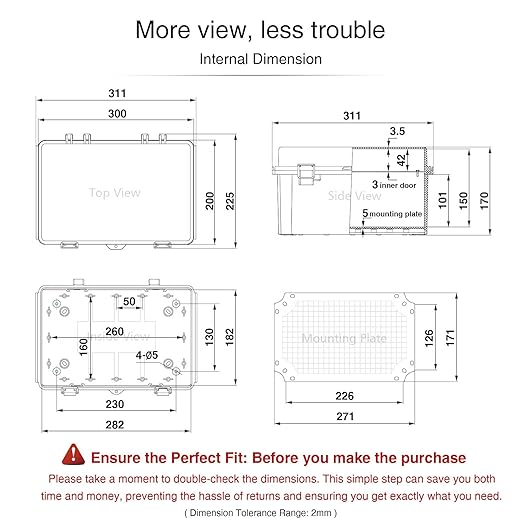 QILIPSU Waterproof Junction Box IP67 Outdoor Plastic Electrical Project Enclosure Weatherproof with Inner Door, Mounting Plate, Wall Brackets, Hinged Grey Cover 11.8"x7.9"x6.7" -D