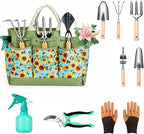 Garden Tool Set, 9 Pcs Heavy Duty Stainless Steel Gardening Hand Tool, Green Garden Tool Bag Kit w/Yellow Flower, Gardening Supplies Gifts for Women Men Mom Dad Gardener Beginner