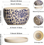 SQOWL 10 Inch Plant Pot Indoor - Ceramic Planter with Drainage Hole and Tray, Large Ceramic Flower Pots Outdoor, Porcelain Decorative Round Planter, Room Decor, Gifts for Plant Lovers, Blue and Beige