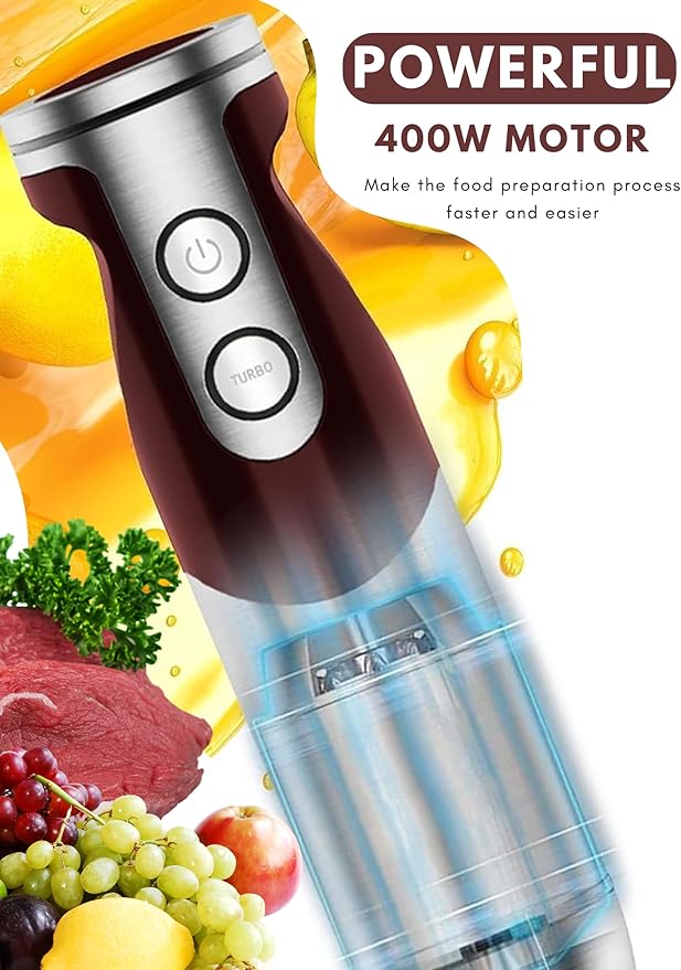 MegaWise 3-in-1 Hand Blender Set with Variable Speed Control, 400W Immersion Blender - Includes Whisk, Milk Frother, Chopper, and Beaker for Smoothies, Soups, and Baby Food (RED)