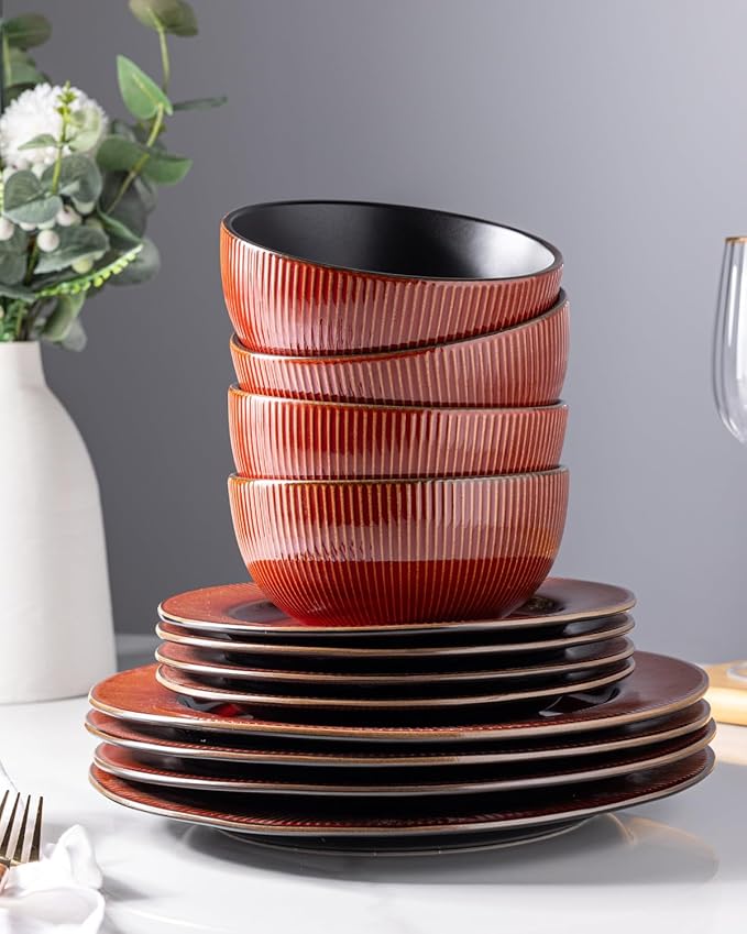 GBHOME Ceramic Dinnerware Sets,12 pcs Embossed Elegant Stoneware Plates and Bowls Sets, Housewarming Wedding Gift | Dishwasher & Microwave Safe | Dishes Set Service for 4