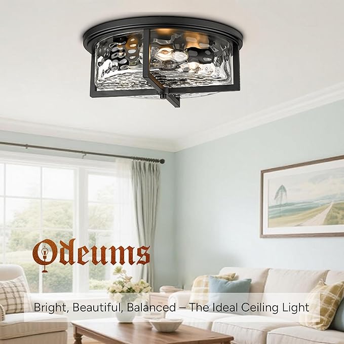Large Industrial Flush Mount Ceiling Light, 3-Light Modern Close to Ceiling Lights, Hammered Kitchen Ceiling Light for Hallway, Kitchen, Bathroom, Dining Room (Black, 16" D)