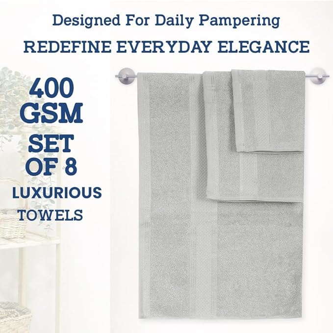 Casa Lino Bath Towel Set of 8 (2 Bath Towels, 4 Wash Cloths & 2 Hand Towels for Bathroom) - 100% Cotton - Highly Absorbent & Quick Dry - Guest Room Essentials for Bathroom Set - (Silver Grey)