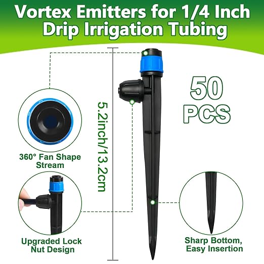 50 Pieces Drip Irrigation Emitters, Adjustable 360 Degree Drip Vortex Emitters on 5" with Stake for 1/4" Drip Irrigation Tubing Irrigation Fan Shape Drippers for Garden Watering System