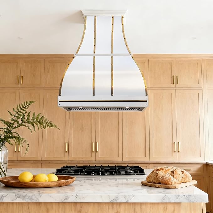 CHETTO C Stainless Steel Range Hood Cover with 4-Speed Vent Hood Insert Custom Handcrafted Metal Kitchen Fan with Towel Rack LED Light 60"W x27"D x51"H White Island Mount