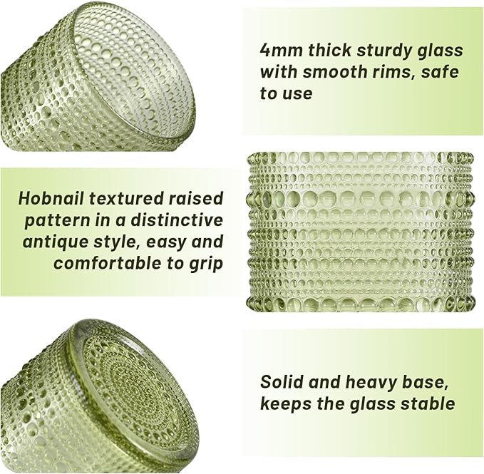Hobnail Drinking Glasses Set of 6, Vintage Colored Glassware 11oz, Beverage Glass Cups for Water, Juice, Cocktail (Green)