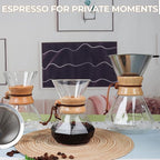 Pour Over Coffee Maker 1000ml with 304 Stainless Steel Filter and Wooden Collar Holder Borosilicate Glass Drip Coffeemaker Server Set Clear Hand Brew Dripper Carafe for Home Camping Travel 33.8oz