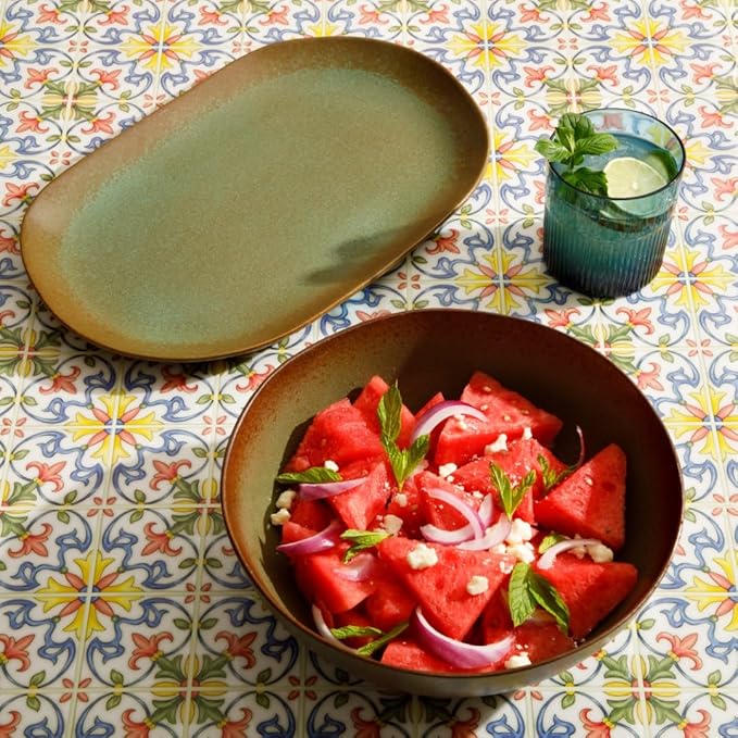 Bloomhouse Palermo Sun 2 Piece Serving Bowl and Oval Platter Stoneware Reactive Glaze Serveware Set - Cardamom Green