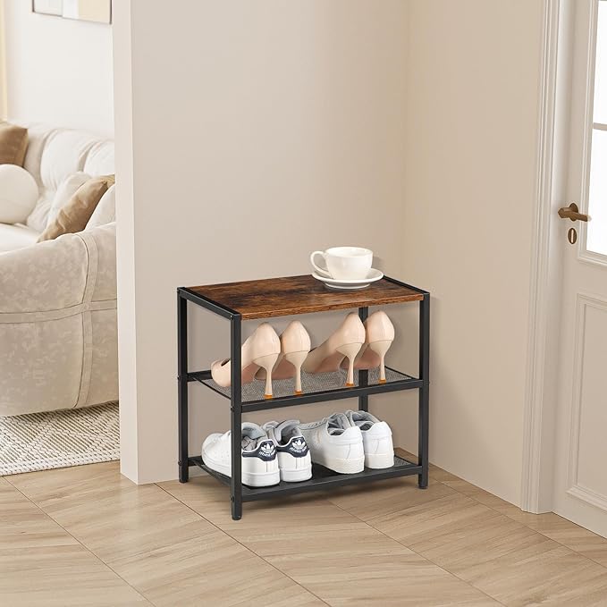 3-Tier Small Shoe Rack Wooden Shoe Shelf Storage for Entryway, Closet, Hallway, and Bedroom, Industrial Shoe Organizer with Sturdy Metal Mesh Shelves