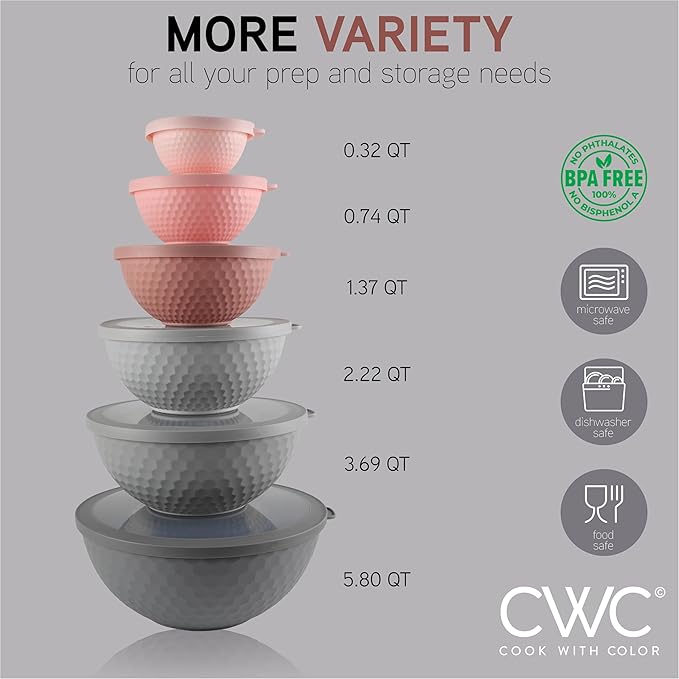COOK WITH COLOR Mixing Bowls with Lids - 12 Piece Plastic Nesting Bowls Set includes 6 Prep Bowls and 6 Lids, Non Slip Bottom and Embossed Design - Microwave Safe (Pink)