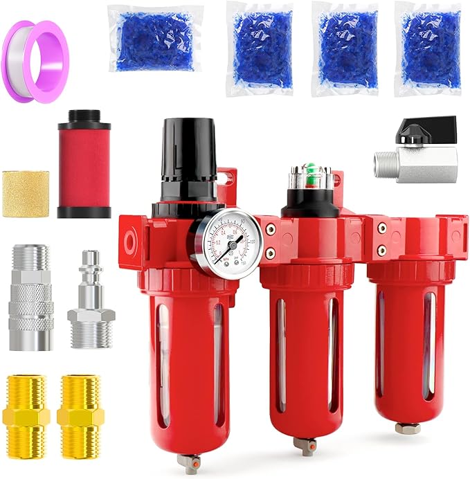 1/2" NPT 3 Stage Aluminium Air Drying System,Coalescing Filter, Particulate Filter, Desiccant Dryer and Air Regulator, Manual Drain, Mid Flow, For Plasma Cutter and Paint Spray