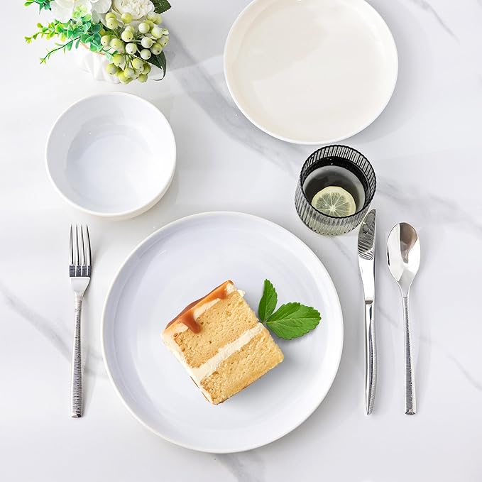 GBHOME 12 Pieces Ceramic Dinnerware Set, Modern White Dish Set for 4，Scratch Resistant Smooth Plates and Bowls Sets，Oven Safe，Microwave & Dishwasher
