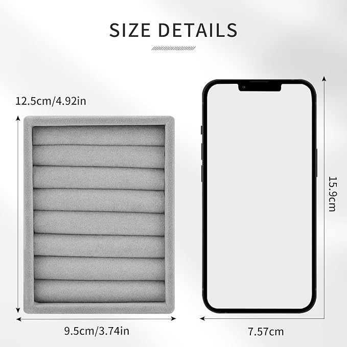 DesignSter Small Jewelry Tray, 2PCS Ring Organizer, Velvet Jewelry Display Tray, Stackable Jewelry Organizer Trays, Jewelry Drawer Organizer Inserts For Dresser, Jewelry Box (Gray)