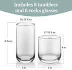 Libbey Ascent Tumbler and Rocks Drinking Glasses Set of 16, Glass Drinking Glasses with Curvature, Versatile Glassware Set for Parties and More