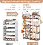 ROJASOP Shoe Rack Organizer, 8-Tier Metal Shoe Rack for Closet Entryway Garage, 26-32 Pairs Tall Shoe Boot Storage Shelf with 15 Hooks, Stackable Large Shoe Stand, Brown