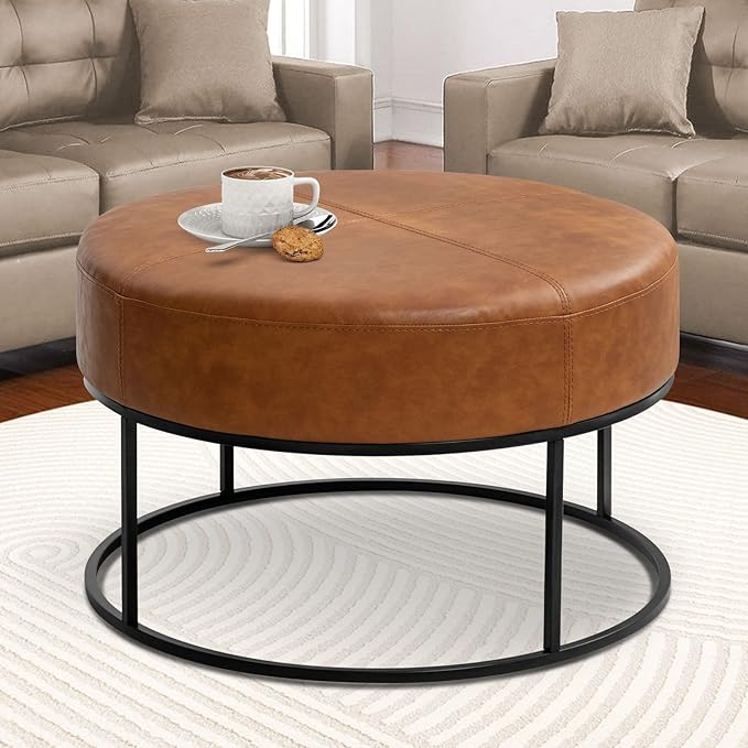 Modern Round Coffee Table, Farmhouse Ottoman for Living Room, Large Vintage Leather Coffee Tables with Leather Upholstered Padded Seat [Round, Vintage Brown, 30'']