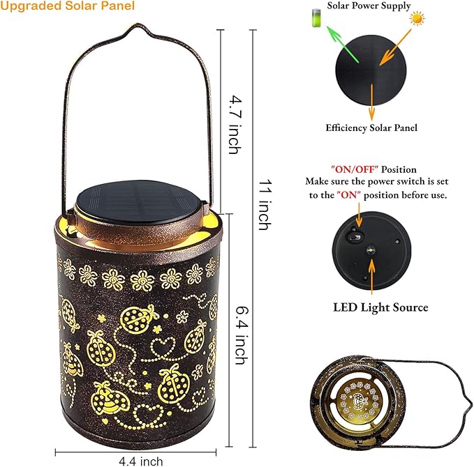 Upgraded Ladybug Solar Lights for Outside Garden Decor, Waterproof Hanging Metal Lanterns Outdoor Solar Lights for Yard, Patio, Porch, Fence - Birthday Gifts for Women, Mom, Grandma
