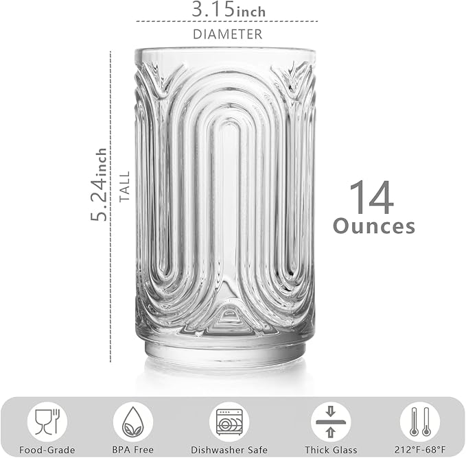 INSETLAN Vintage Art Deco Glassware | Glass Cups Set of 4 | 14 Oz Thick Bottom Cocktail Glasses, Highball Glass Fabulous Box, Embossed Ripple Glassware, for Water, Wine, Juice, Mixed Drinkware