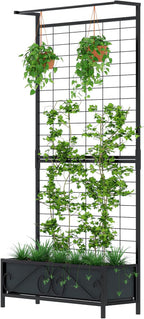 Zhongma Metal Planter with Trellis Raised Bed with Trellis for Vine Climbing Plants Flowers(12.8 x 35.43 x 74 in), 74 Inch Height Privacy Screen with Hanging Plant Pot Shelf
