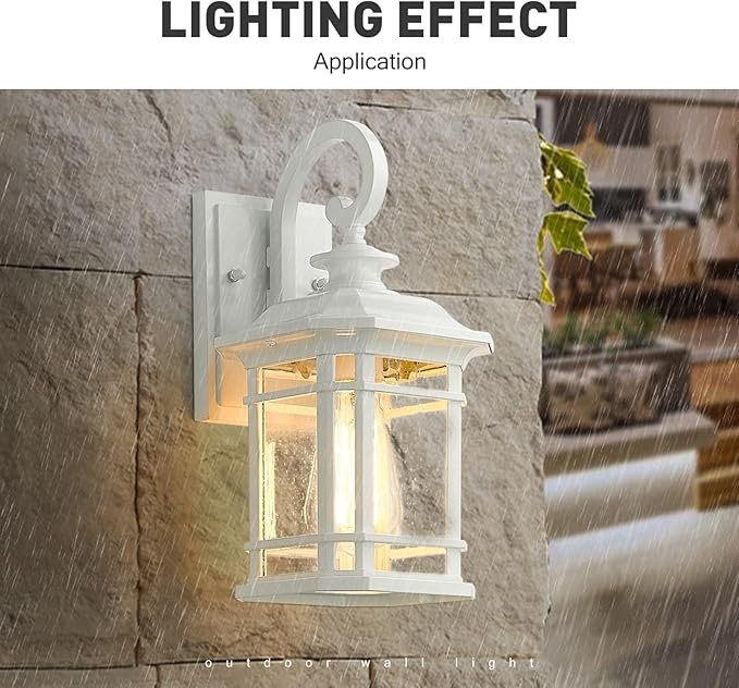 Emliviar 2 Pack Farmhouse Exterior Lights for House, 1-Light Modern Outdoor Wall Lights with Seeded Glass, White Finish, 2084B-2WH