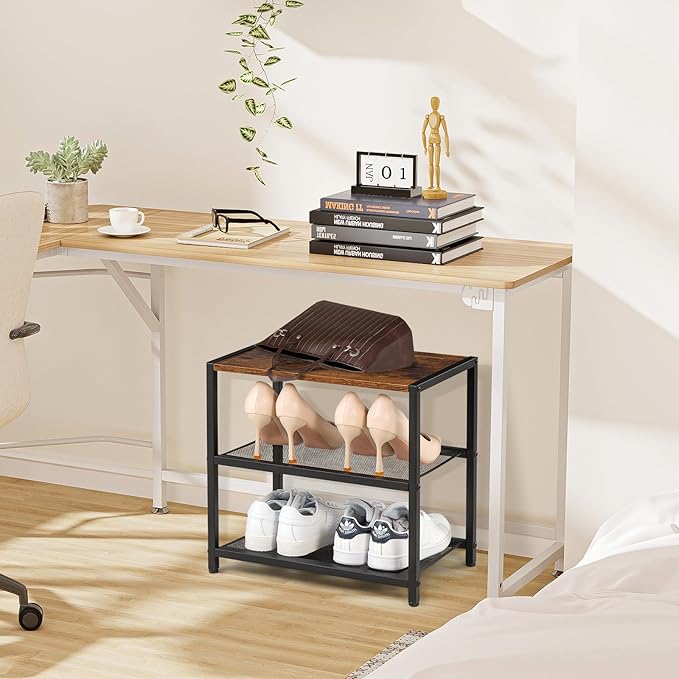 3-Tier Small Shoe Rack Wooden Shoe Shelf Storage for Entryway, Closet, Hallway, and Bedroom, Industrial Shoe Organizer with Sturdy Metal Mesh Shelves