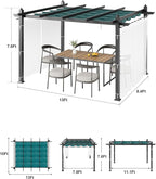 10x13 Ft Outdoor Aluminum Pergola, Upgraded Grey Retractable Pergola with Adjustable Roof & Side Mesh Screen, Modern Metal Patio Gazebo for Deck, Backyard, Porch, Vineyards, Blue + White