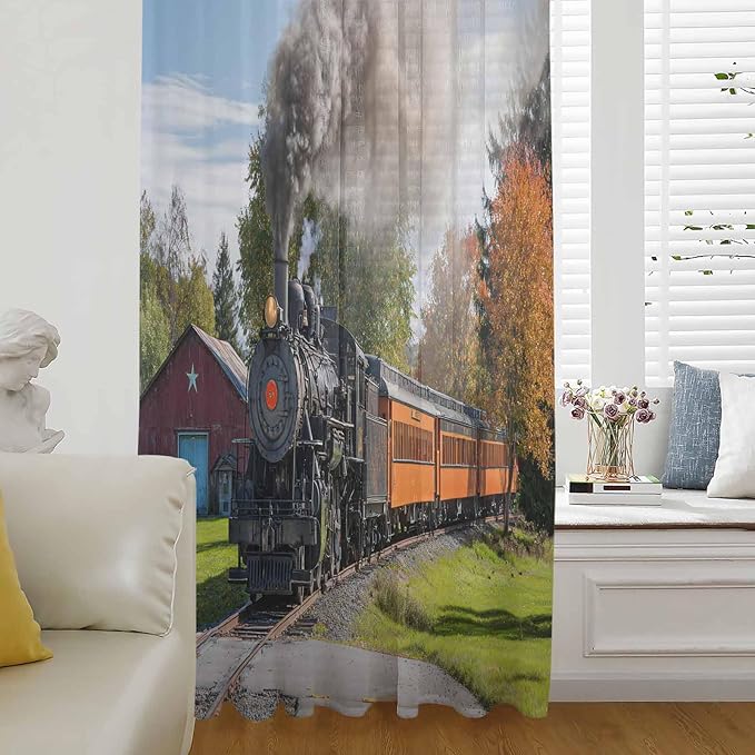 Steam Train Sheer Curtains 63 Inch Length Railroad Country Barn Rustic Trees Farmhouse Chiffon Curtain for Bedroom Living Room Light Filtering Rod Pocket Window Treatments Voile Curtains Drapes