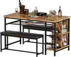 AWQM Space Saving Dining Table Set for 2-4 People, 53" Kitchen Table with 2 Upholstered Bench, Dinner Table with Wine Rack Glass Holder and Storage Shelf, 3-Piece Dinette Table for Small Apartment