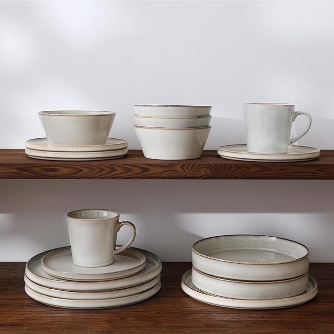 Famiware Plates and Bowls Sets, Annecy Stoneware Dinnerware Sets for 8, 24 Pieces Dish Set, Plate with Lip Edge, Reactive Glaze Tableware - Microwave & Dishwasher Safe, Grey-White
