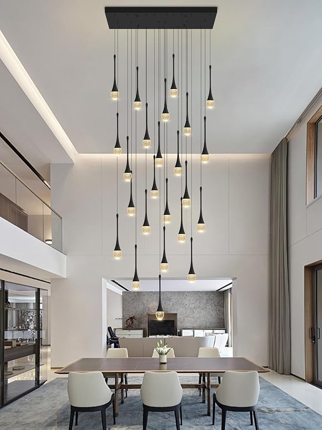 24-Lights Rectangular Chandelier Crystal Raindrop Chandeliers Flush Mount Ceiling Light for Dining Room Living Room High Ceiling Chandelier for Staircase Foyer Entryway Black Chandeliers