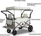 Foldable Wagon with Canopy - Collapsible Utility Cart with 2 Seats & Belts, Adjustable Handle, Expandable Front for Camping, Picnic, Shopping (Beige)